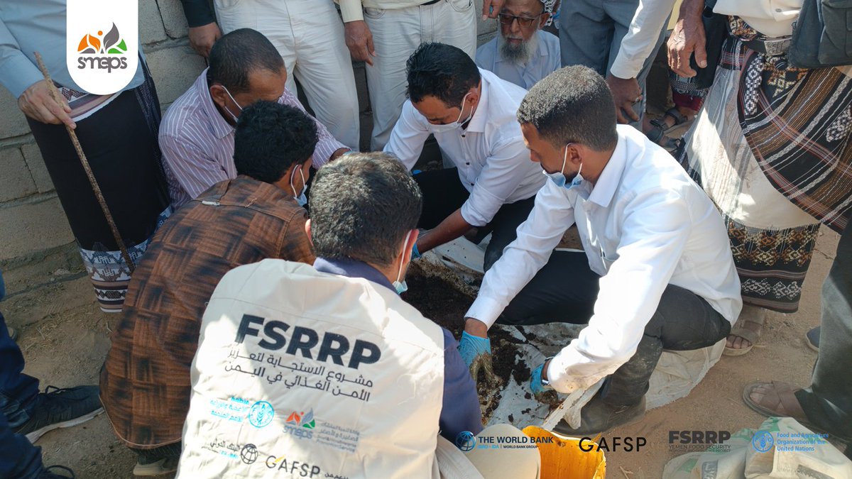 SMEPSYEMEN's tweet photo. Enhancing Food Security in Yemen! 🥛
SMEPS conducted a training, in #Ataq District, in a variety of practical skills, including fodder cubes' preparation, animals’ treatment, water trough constructions and other activities. 🐏🐄💉
This technical training, as part of the qualifying workshop program, for 31 livestock filed consultants 🧈🤵 from 6 governorates is aimed to enhance their skills to increase dairy production & reduce animal mortality rate through improved veterinary care.
#FSRRP project implemented by #SMEPS in partnership with @FAOYemen , funded by @WorldBankMENA.