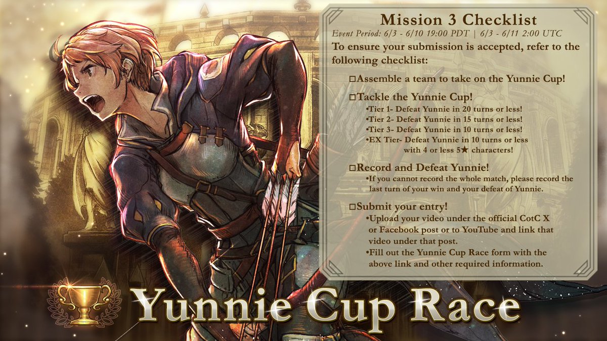 ⚔️The Yunnie Cup Race Returns!⚔️

Take on the Grandport gatekeeper herself with the Yunnie Cup Race!
✍Event Period: 6/3 10:00 UTC - 6/11 02:00 UTC

Be sure to fill out the Yunnie Cup Race form:
forms.gle/VTYGHcBye58yRN…
