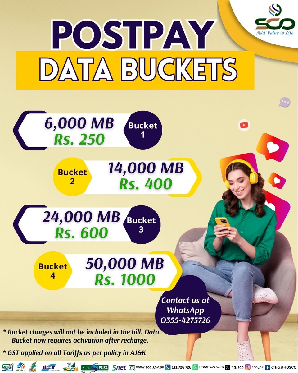hq_sco's tweet image. Keep yourself entertained with our amazing Postpaid Data Buckets Opt for the bucket that best suits your need ✨
For activation dial *726# and select postpaid 🌟
#SCOM4G #AddValuetoLife #SCO #GB #AJK