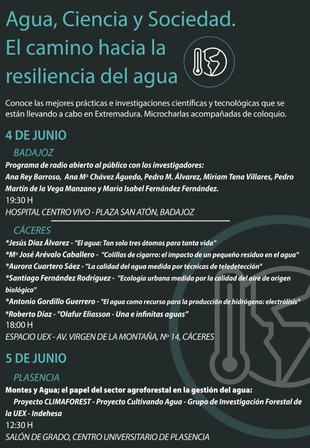 UExDivulga's tweet photo. ¿Cómo se está preparando Extremadura para asegurar la resiliencia del agua?

Conoce las investigaciones más novedosas en  nuestra #GreenWeekG9
#GestiónSostenibleDelAgua #CalidadAgua

Apunta, mañana coloquio abierto con investigadores en Badajoz y Cáceres, y el 5 de junio en Plasencia
👇