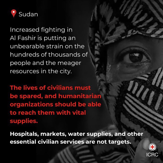 📍 Al Fashir, #Sudan

Increased fighting is putting an unbearable strain on hundreds of thousands of people and the meager resources available ‼️

Civilians should never be a #target

Vital supplies urgently need to reach people inside the city 🚨