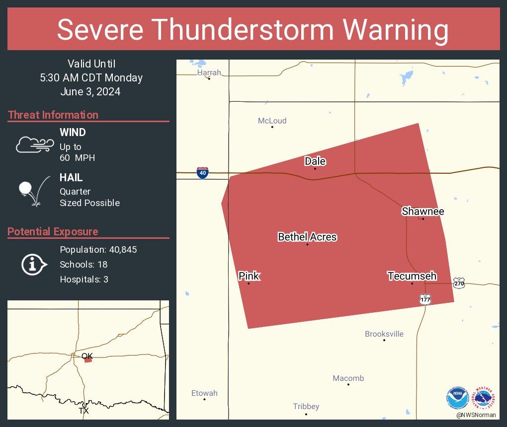 Severe Thunderstorm Warning continues for Shawnee OK, Tecumseh OK and Bethel Acres OK until 5:30 AM CDT