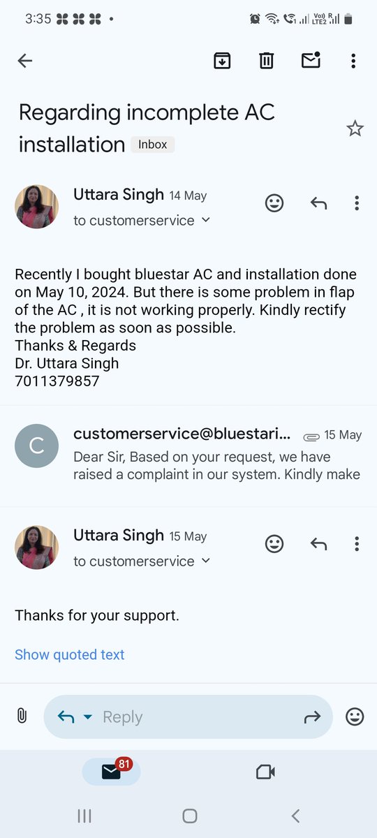 UttaraS's tweet photo. @Bluestaraircon this is for you kind attention plz read my email sent at customerservice of bluestar since May 14, 2024 to June 1, 2024. No body turned up to complete installation process of bluestar AC. No response till today from your eateemed well qualified trained officials. https://t.co/K1YRRolLt7