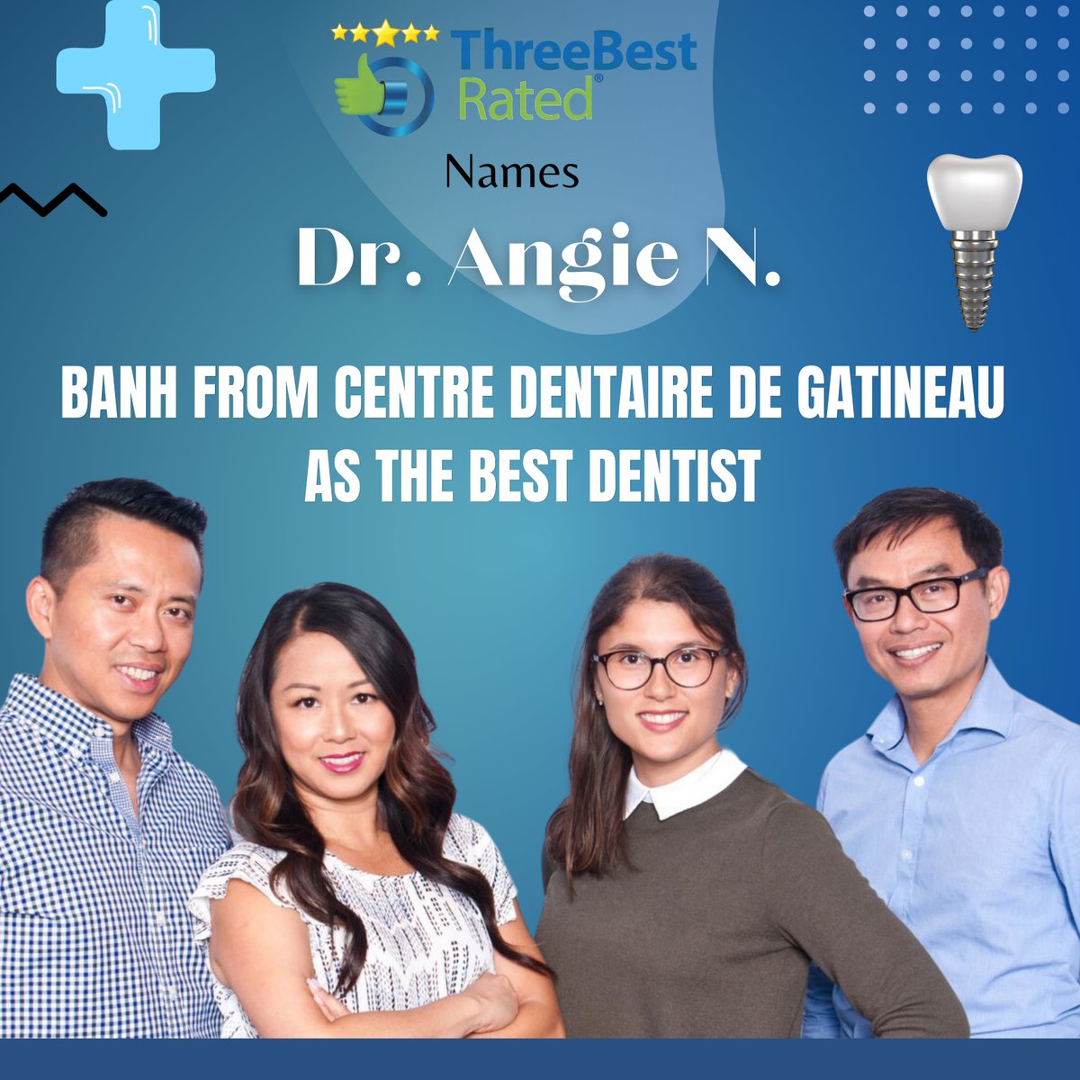 threebestrated's tweet photo. Dr. Angie N. Banh wins the ThreeBestRated Award!
https://t.co/IMi5ktFEMn
#dentist #dentistryworld #dentistnearme #dentists #bestdentist #bestdentistever #bestdentistnearme #DentalCare #toothcare #toothgems #dental #dentalhealth #dentalhospital #dentalclinic #awardwinning #Awards #bestbusiness #business #success #fashion #trend #famous #top #Trendings #professional