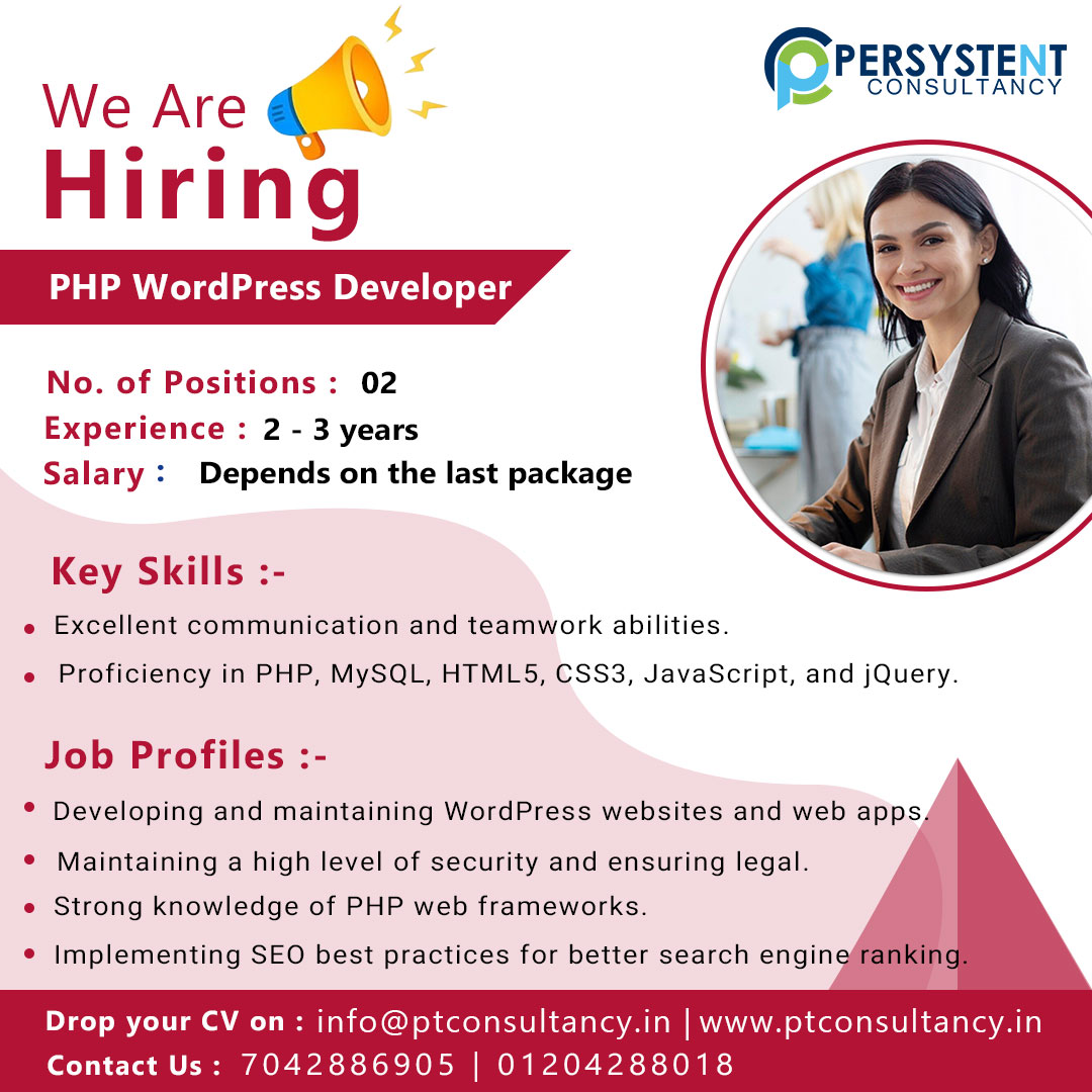 ptconsultancy1's tweet image. Hiring PHP WordPress Developer
Apply at link :- bit.ly/hiring-php-wor…
Location - Noida
Key Skills:- Proficiency in PHP, WordPress Development, HTML, CSS, JavaScript, jQuery, Responsive Design, Portfolio, etc.
Mail id:- ptcon2020@gmail.com
#hiringphpdeveloper #wordpressdeveloper