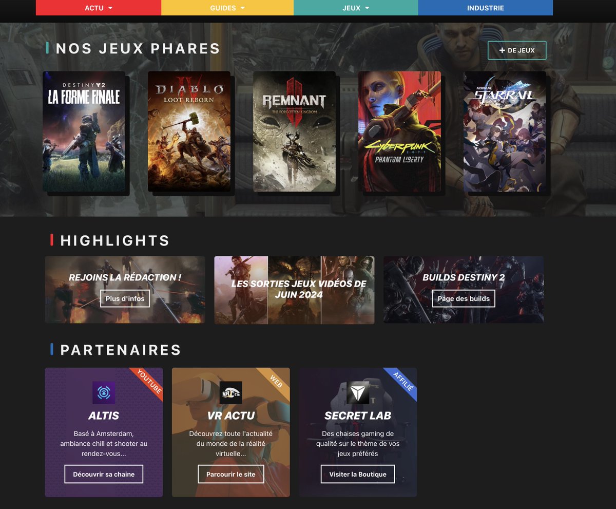 Les petits curieux l'ont surement déjà remarqué, mais la page d'accueil du site est passé à sa version 2.0, tout comme la page des builds de Destiny 2 on se recentre dans un thème sombre, plus lisible et plus agréable, mettant plus en valeur notre contenu et nos partenaires. :)