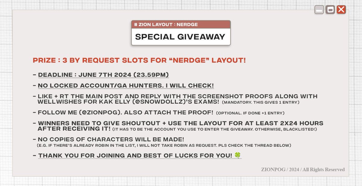 ZIONPOG's tweet photo. (π©·/π) BY REQUEST GIVEAWAY : NERDGE
Karena aku dan kak @snowdollz menang rate off gacha Boothill, kami mengadakan joint giveaway! S&K dan how to join ada di pic ya~
Prize : 3 slot by req for 3 winners (1 each)!
Close : 07/06 23.59PM
#ZIONLayout https://t.co/HuKe8xuCw7