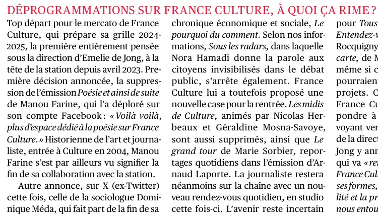 recriweb's tweet photo. France Culture, grille 2024-2025 : suppression de l’émission ‘Poésie et ainsi de suite’ de Manou Farine. Il n’y aura plus d’espace dédié à la poésie sur @franceculture.

Pendant ce temps-là, la direction explique vouloir y « renforcer la littérature sous toutes ses formes… » https://t.co/ZwtcTF8DiH