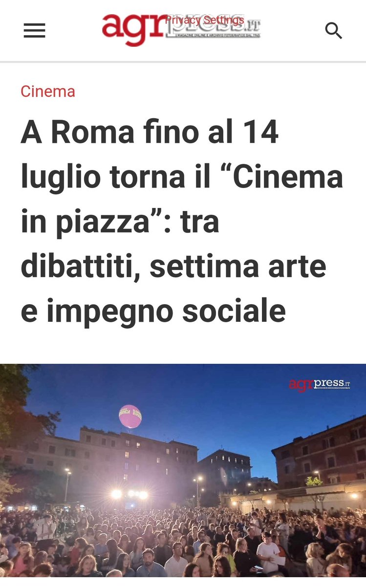 🗞 Torna a #Roma fino al 14 luglio il “Cinema in piazza”: tre location gratuite con dibattiti, artisti, impegno sociale. 
📽 La rassegna giunge alla 10ª edizione dopo aver registrato oltre mezzo milione di spettatori. 
📍La #FaiCisl è presente ogni sera in tutte le 3 piazze con