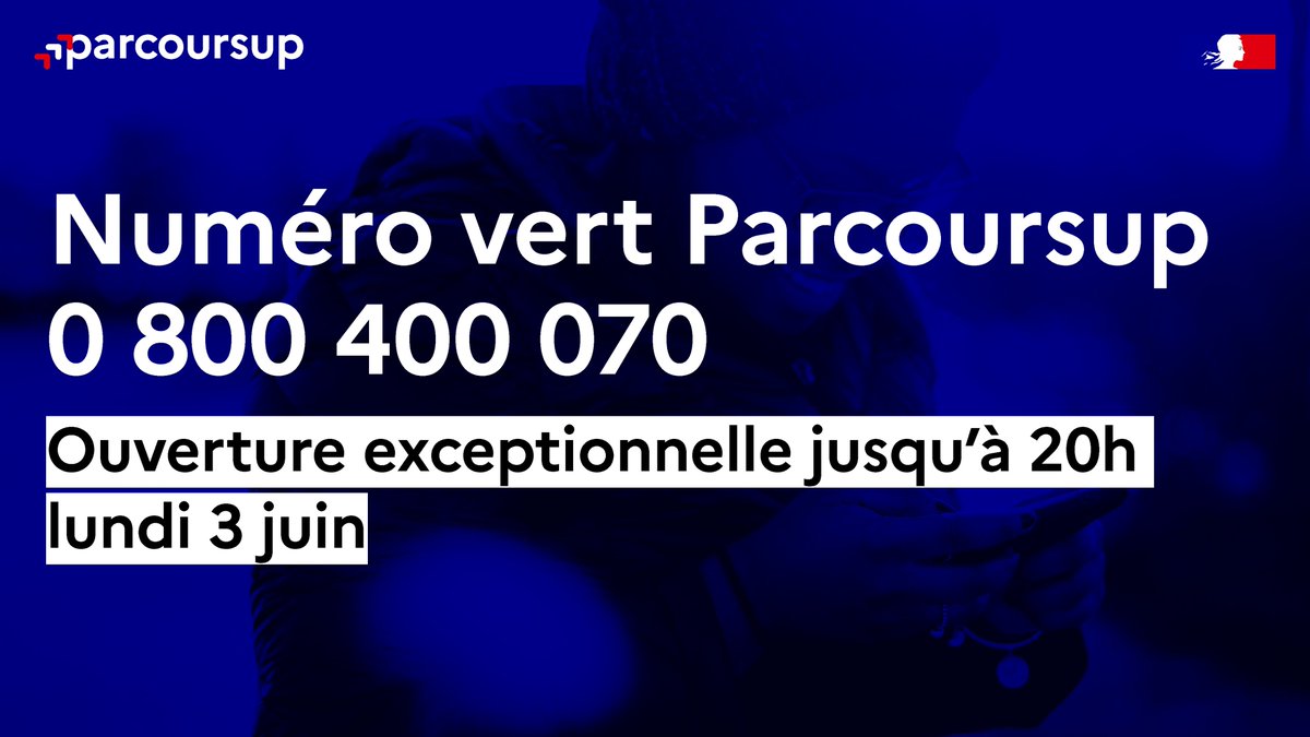 Le numéro vert #Parcoursup est ouvert jusqu'à 20h ce soir, lundi 3 juin !

📲 Des questions ? N'hésitez pas à appeler nos conseillers au 0 800 400 070.

<a href="/Onisep/">Onisep</a>