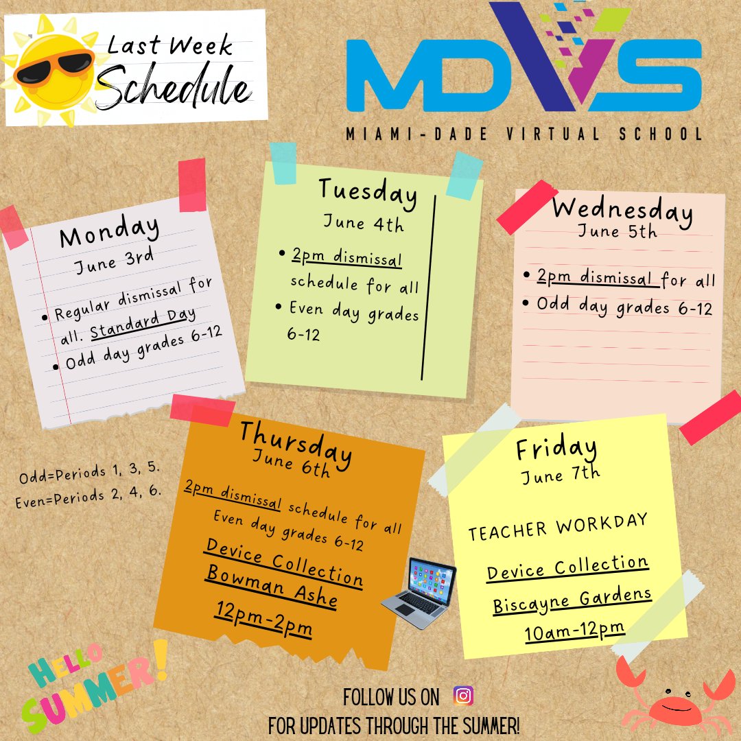 Schedule for the last week of the 2023-2024 school year. 🌞