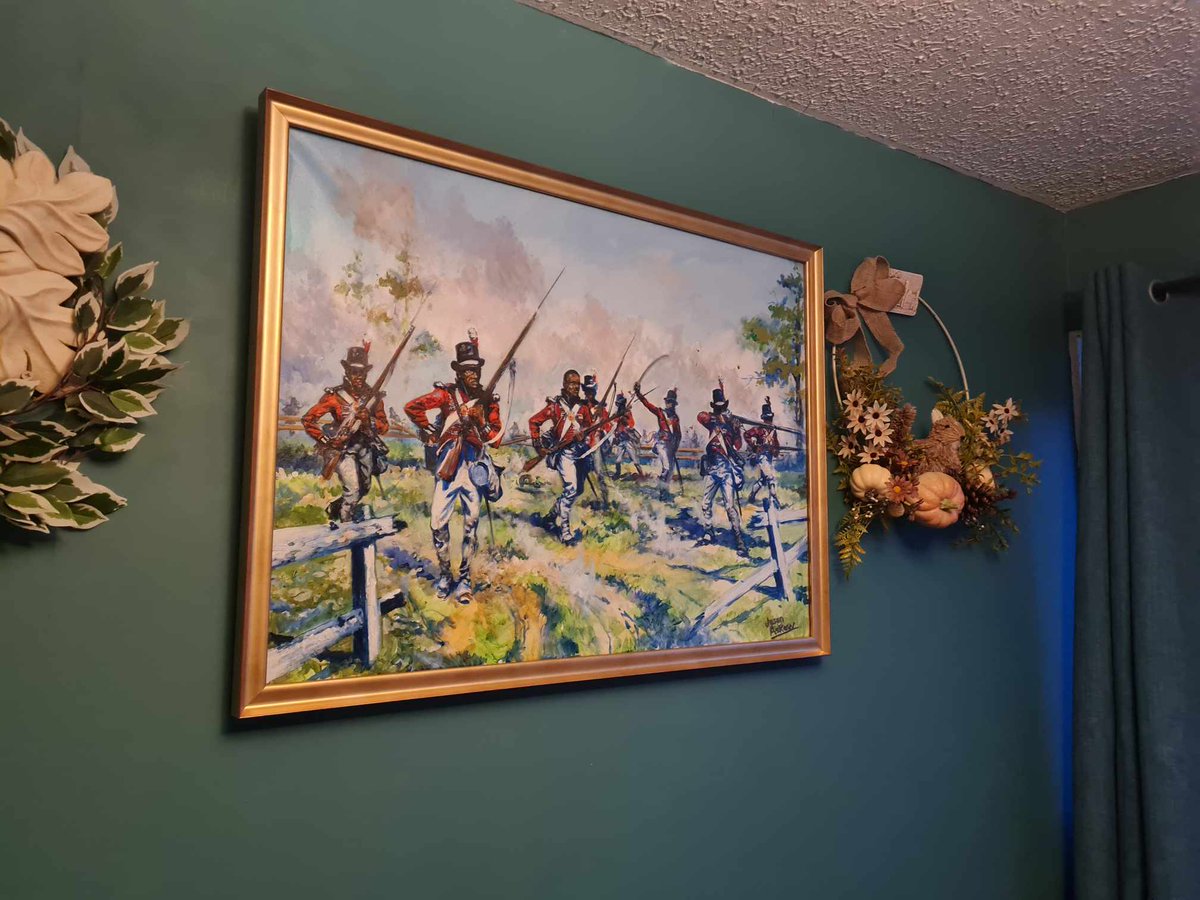 It finally came back from the framers! Our little bedroom now feels like a wee gallery with delusions, Jason Askew's incredible work 'Black Redcoats - Colonial Marines', a real world military history painting inspired by my book! #blackhistory #historymatters #authorlife