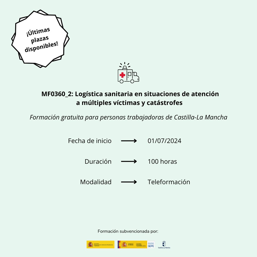🚑 ¡Prepárate para actuar en situaciones críticas con nuestro curso de Logística Sanitaria en Situaciones de Atención a Múltiples Víctimas y Catástrofes!  📅 Inicio el 01/07/2024,  con una duración de 100 horas  y examen en Albacete  #certificadoprofesionalidad