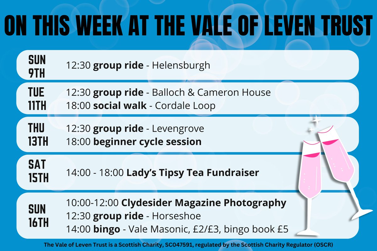 Here's what we've got coming up this week at the Vale of Leven Trust!

To book your place for our activities, get in touch by email at info@valeofleventrust.com, phone us on 01389 752629, send us a DM on social media or pop by and see us at our hub at 9 Mitchell Way, Alexandria.