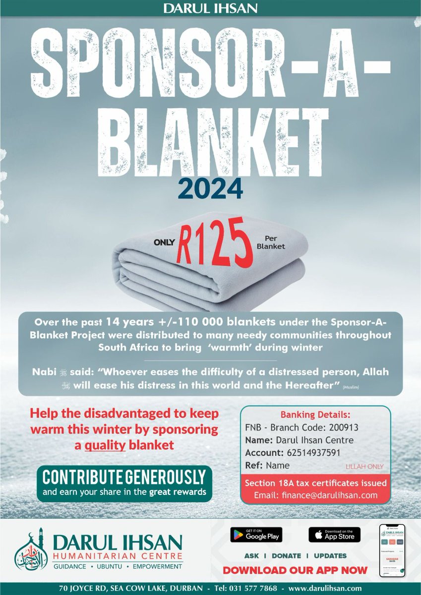 discdbn's tweet photo. ❄️ Sponsor A Blanket❄️
With Darul Ihsan Centre
With the chill of winter soon on our doorstep, join Darul Ihsan in providing good quality blankets to those most in need.
🔗 https://t.co/pPDbHdvdYp
#WinterWarm #BlanketDrive #Charity #Relief #Islam #DarulIhsan https://t.co/LXwd8v7V8x