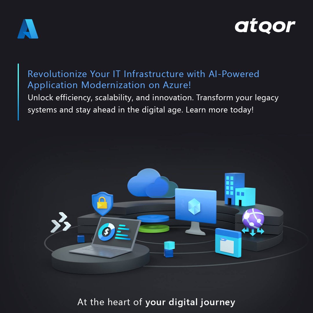 atQor_'s tweet image. Revolutionize your IT #infrastructure with #AI-powered #ApplicationModernization on #Azure! Enhance scalability, reduce costs, and boost security. Transform legacy systems and stay ahead in the digital age. shorturl.at/jcwzz

#AIModernization #AzureTransformation #atQor