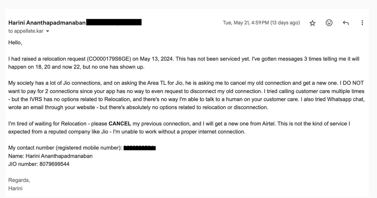 harini_nsa's tweet photo. @JioCare I do NOT want relocation. I want disconnection. Period.

According to https://t.co/t9xriBTdj4 you are supposed to disconnect within 7 days. My first disconnection request was raised on May 21. Do not send me bills past 28th. I'll complain to TRAI. @JioCare https://t.co/CyQJpZo8uk