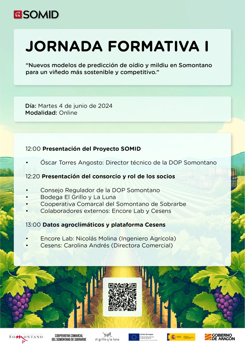 No te pierdas la Jornada Formativa sobre el Proyecto SOMID, sobre nuevos modelos de predicción de oídio y mildiu en la vid.

Fecha: Martes 04 Junio 2024
Hora: 12:00h
Modalidad: Online
Enlace: lnkd.in/dVxazmX6

<a href="/ElGrilloylaLuna/">El grillo y la Luna</a> <a href="/DOSomontano/">DO Somontano</a>