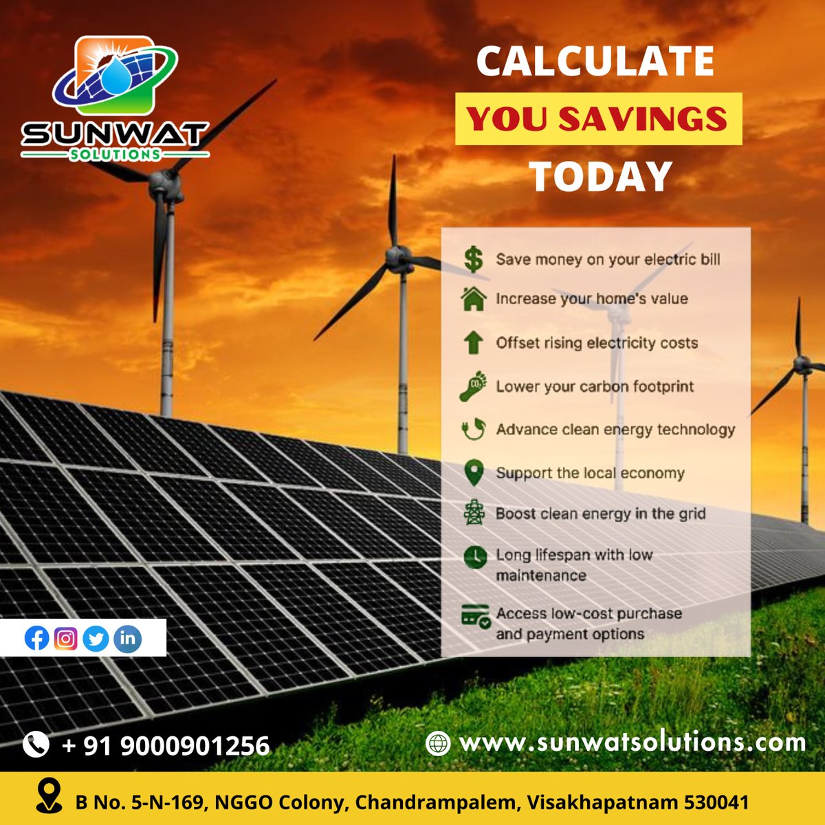 SolutionsSunwat's tweet photo. 🌞 Calculate Your Savings Today with Sunwat Solutions! 🌞

Discover how much you can save and contribute to a greener future!

🌐 Visit Us: https://t.co/JEFxwty2n6📞 Call: +91 9000901256 📍 Location: B No. 5-N-169, NGGO Colony, Chandrampalem Visakhapatnam 530041

#SunwatSolutions https://t.co/aqjPG3FkCz