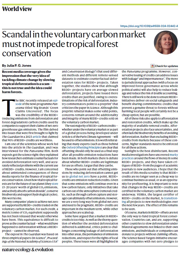 Recent media coverage gives the impression that the very idea of tackling climate change by slowing tropical deforestation is a scam — <a href="/juliapgjones/">Julia Jones</a> argues that this is not true and the idea could harm forests.

rdcu.be/dJLEc