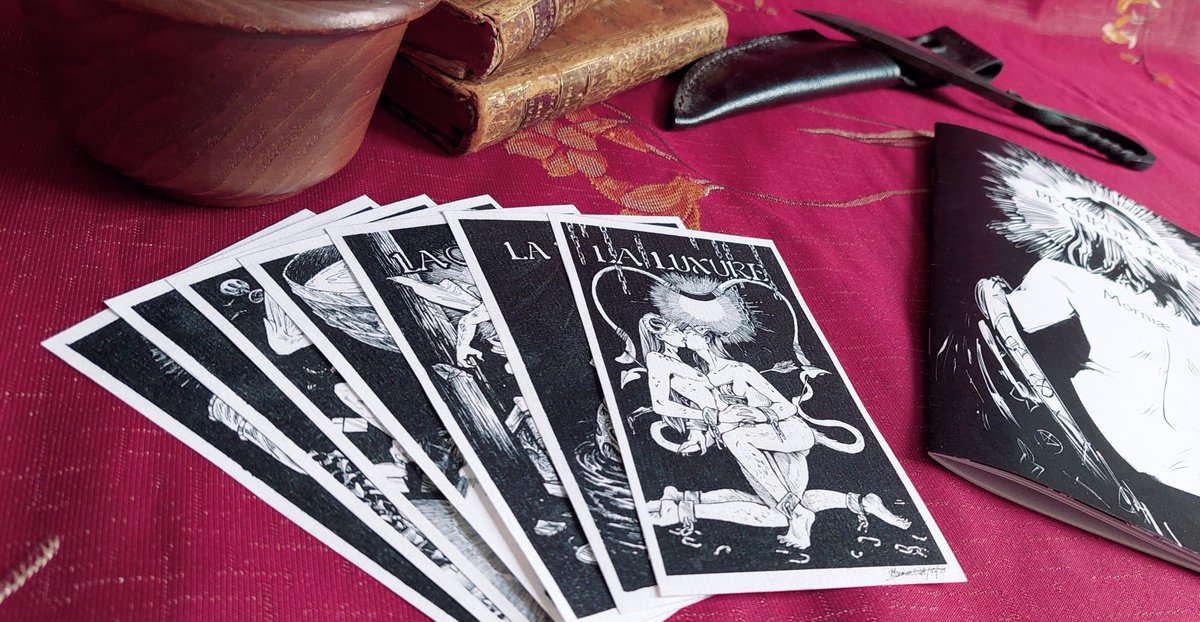 Morniae's tweet photo. Hey, happy #PrideMonth !  
I worked on a trans tarot for some months and I just released a printable-at-home zine ! 
New arcana inspired by seven deadly sins, subverting trans life's stigma.  
It's available on https://t.co/EUc5j2i56L for 5$ ! 👉https://t.co/OUtBZHg4p9 https://t.co/zGtIYnZqus