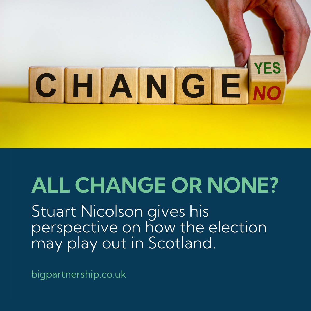 BIGPartnership's tweet photo. All change or none? In our latest blog, a former special adviser at Holyrood provides some thoughts on what we can expect to see in the next few weeks of the election campaign (and then beyond that).
Read it here: https://t.co/pWWudwdvsk
#BIGPartnership #BIGBlog #ElectionInsights https://t.co/UYRH6jvk2J