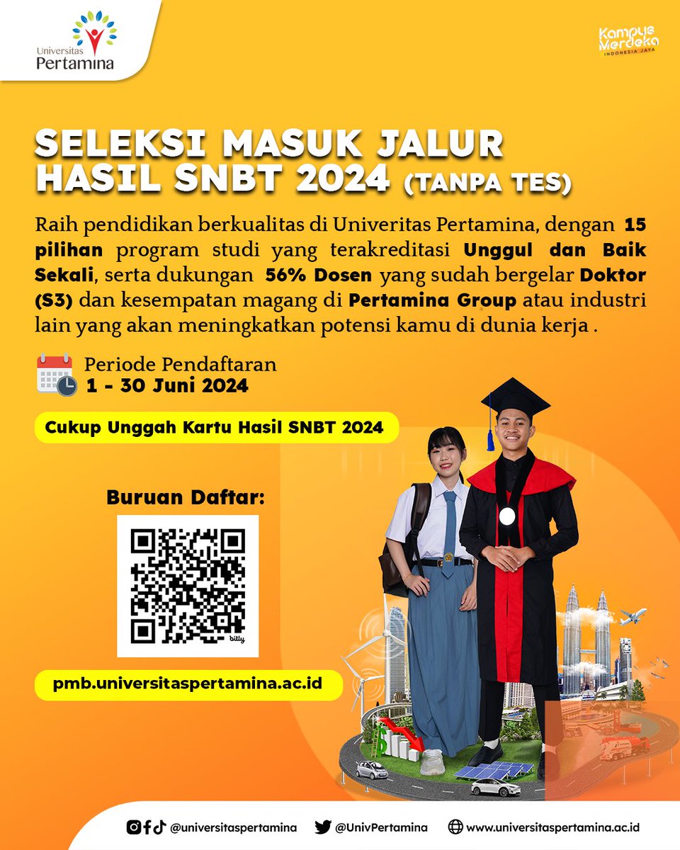 Halo Sobat Muda!
Kamu mau masuk UPER tanpa test? Jangan khawatir! Kamu cukup submit Hasil SNBT 2024 dan langsung jadi mahasiswa UPER loh! Gampang banget kan!

pmb.universitaspertamina.ac.id

Be Global Leaders!

#UPER #universitaspertamina #pertamina #SNBT #kampusmerdeka