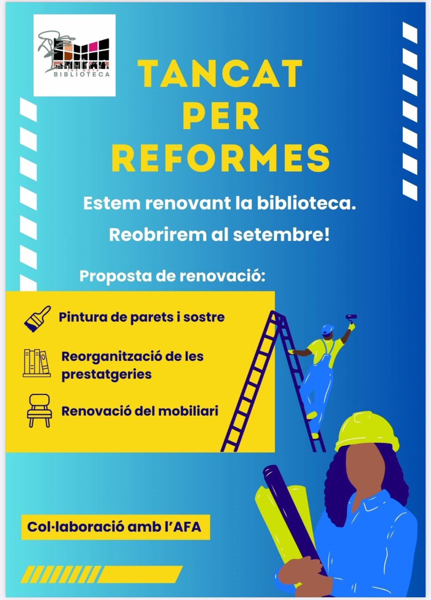 Institut Fco de Goya (@institutgoya) on Twitter photo La BIBLIOTECA romandrà tancada fins el setembre. Amb la col·laboració de l’AFA pintarem la sala, renovarem el mobiliari i crearem un espai de lectura per plaer. Podeu retornar els llibres que teniu en préstec a Consergeria📚 #bibliotecaescolar #elgustperlalectura <a href="/consorciedubcn/">Consorci d'Educació</a> La BIBLIOTECA romandrà tancada fins el setembre. Amb la col·laboració de l’AFA pintarem la sala, renovarem el mobiliari i crearem un espai de lectura per plaer. Podeu retornar els llibres que teniu en préstec a Consergeria📚 #bibliotecaescolar #elgustperlalectura <a href="/consorciedubcn/">Consorci d'Educació</a>