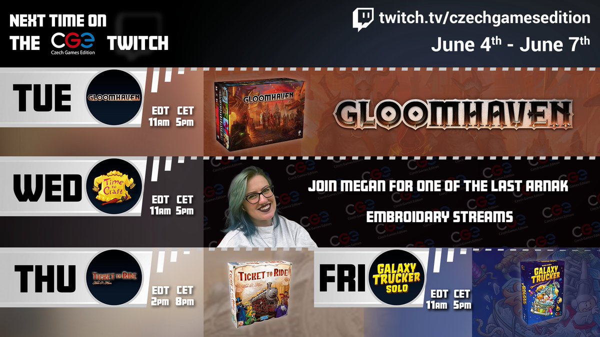 czechgames's tweet image. This week on ➡️ twitch.tv/czechgamesedit….

TUE: Let’s dive into one of the most popular dungeon crawlers out there—#Gloomhaven! ⚔
WED: We are almost done with the #Arnak embroidery! Join Megan’s chill stream. 🪡
THU: All aboard! It’s time for #TickettoRide. 🚂
FRI: Do you thrive