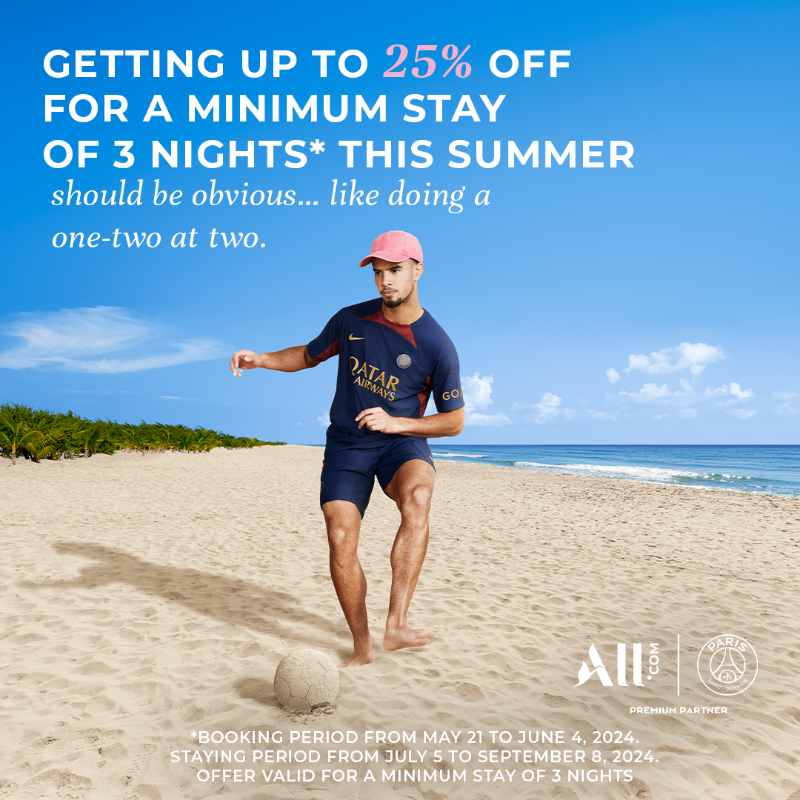 PSG_English's tweet photo. 📣 LAST CHANCE

The vacations kick-off is approaching. Save 25% during the summer break on stays across Europe and North Africa by booking your hotel on https://t.co/zkxkxVT5x3.

#ALLsummerBreak #ALLxPSG | @all