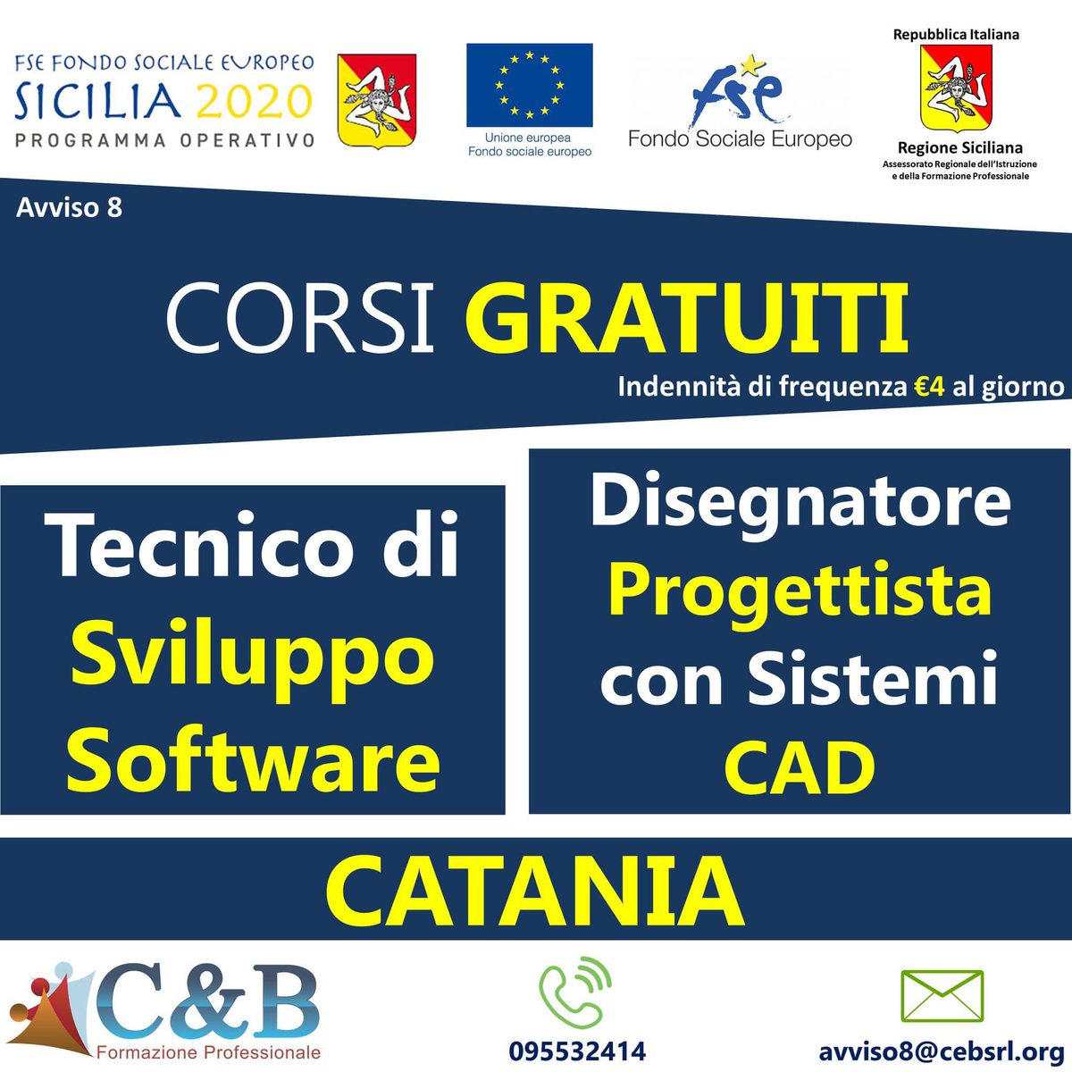 ULTIMI POSTI DISPONIBILI!
📅Inizio corsi: 17/06/2024
😎Destinatari: Disoccupati/inoccupati, residenti in Sicilia 
💲Indennità di frequenza: € 4 al giorno #corsidiformazione 
📍Sede: Catania, Via Sabotino 1/c
Mail: avviso8@cebsrl.org
WhatsApp: 393 830 3812
cebsrl.org/corsi-dettagli…