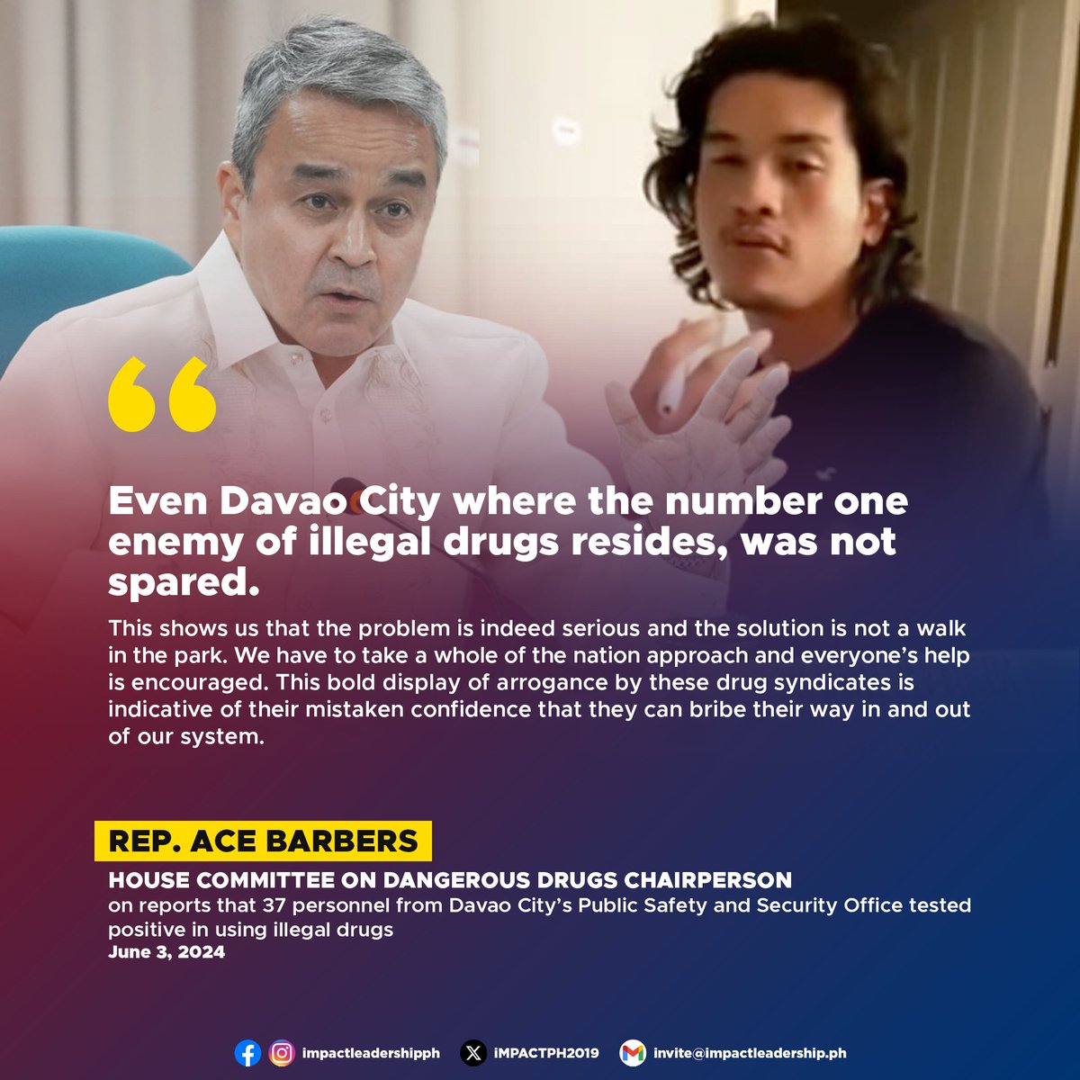 iMPACTPH2019's tweet photo. 37 DAVAO CITY GOV'T EMPLOYEES TEST POSITIVE FOR DRUGS

House Committee on Dangerous Drugs Chairperson and Surigao del Norte 2nd District Rep. Ace Barbers laments reports that 37 personnel from Davao City's Public Safety and Security Office tested positive for using illegal drugs. https://t.co/I4pMSFoGU5