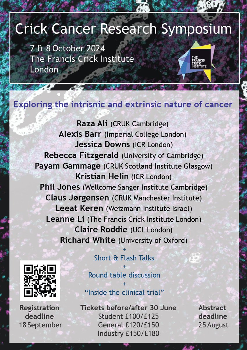 REGISTRATION OPEN - CANCER RESEARCH SYMPOSIUM 2024 <a href="/TheCrick/">The Crick</a> 
Come and hear all about the recent advancements in  the intrinsic and extrinsic nature of cancer. Plenty of opportunities to network.
eventbrite.co.uk/e/crick-cancer…
#Cancerconference #CancerResearch