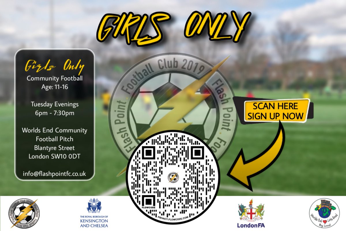 #FLASHPOINTFC #GirlsOnly Football 

Every Tuesday! 6:00pm - 7:30pm ⚡⚽⚡

in partnership with <a href="/welrbiglocal/">WELR Big Local</a>

Sign Up Via the link below
form.jotform.com/210581911013342 
or Scan the QR code!