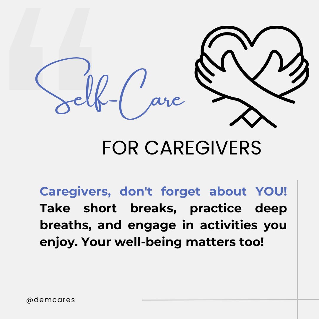 Caregivers remember to prioritize your well-being. Take breaks, breathe deeply, and enjoy your hobbies. Your health is important too!

#CaregiversSupport #SelfCare #MentalHealthMatters #CaregiverWellness #TakeABreak #YouMatter