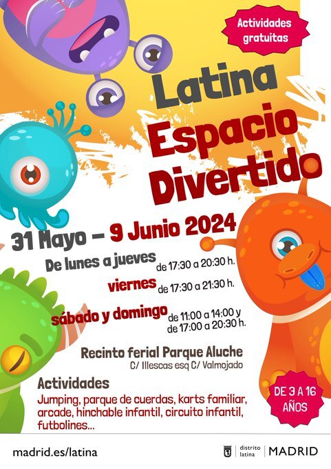 #DistritoLatina Espacio Divertido te espera en el campo junto al recinto ferial Parque de Aluche. Karts, jumping y parque de cuerdas, hinchables y circuito infantil, juegos arcade, futbolines...

¡A divertirse en las #FiestasDeAluche!
madrid.es/latina