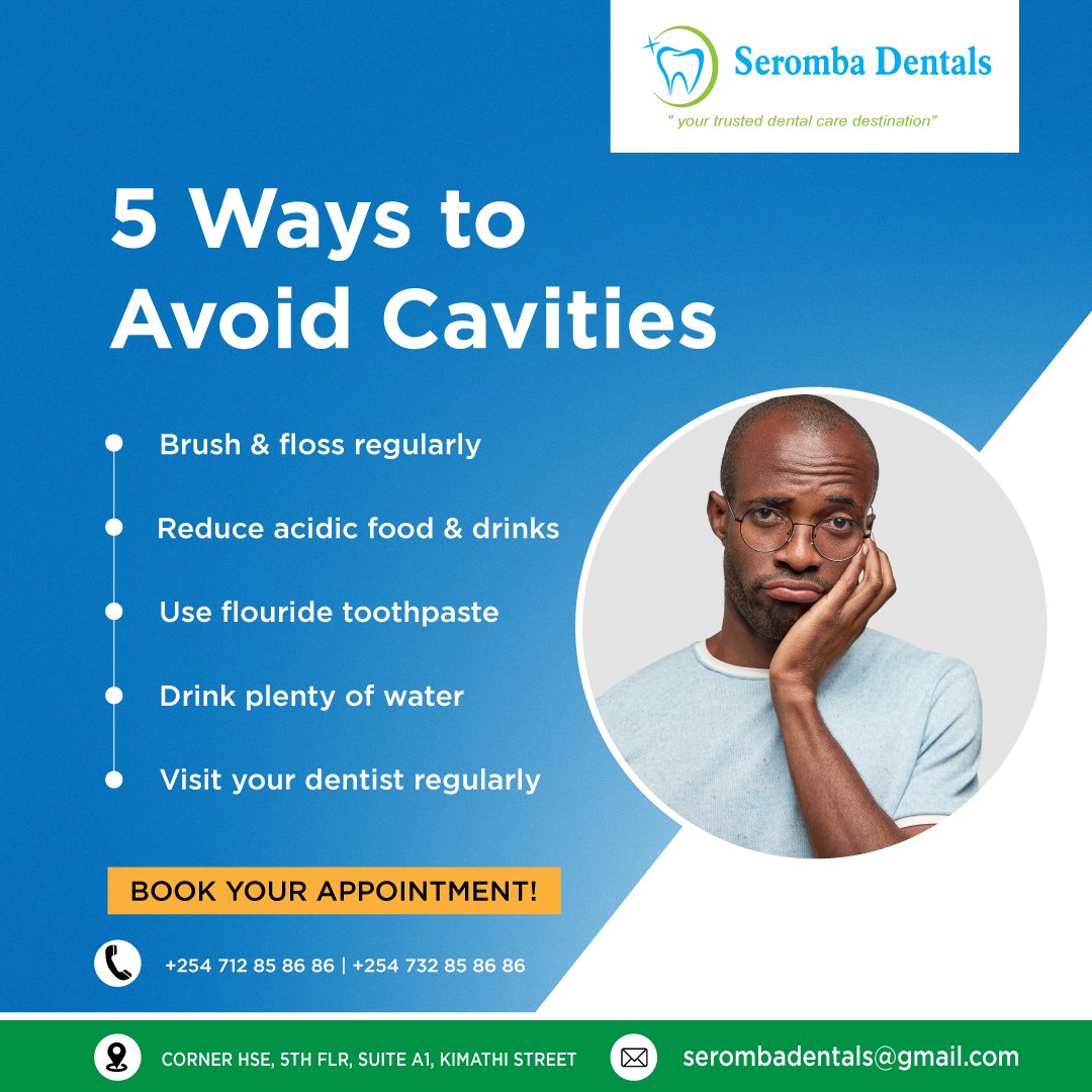 serombadental's tweet photo. There are several simple things you can do to avoid toothache or worse tooth loss. Here are the habits to adopt to prevent cavities.

Schedule an appointment Today 
Call: +254 712 85 86 86 | +254 732 85 86 86
#fatherlucian #MondayMotivation #jaguar,#mpesa https://t.co/ymSziChlIe