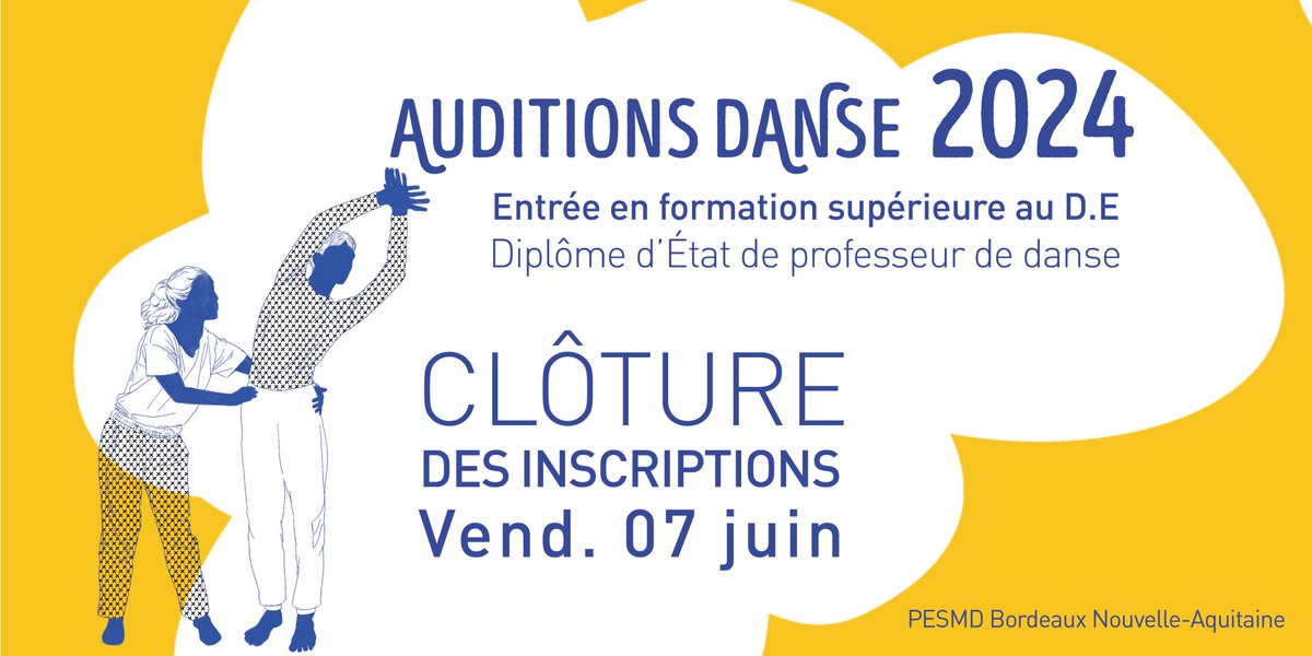 [Rappel] 📢
Il ne reste plus que quelques jours pour vous inscrire aux auditions #danse 2024 pour l'entrée en formation au Diplôme d'Etat <a href="/PESMD_Bordeaux/">PESMD</a>  de septembre prochain !
ℹ️pesmd.com/fr/pole-region…
#enseignementsuperieur #Bordeaux
