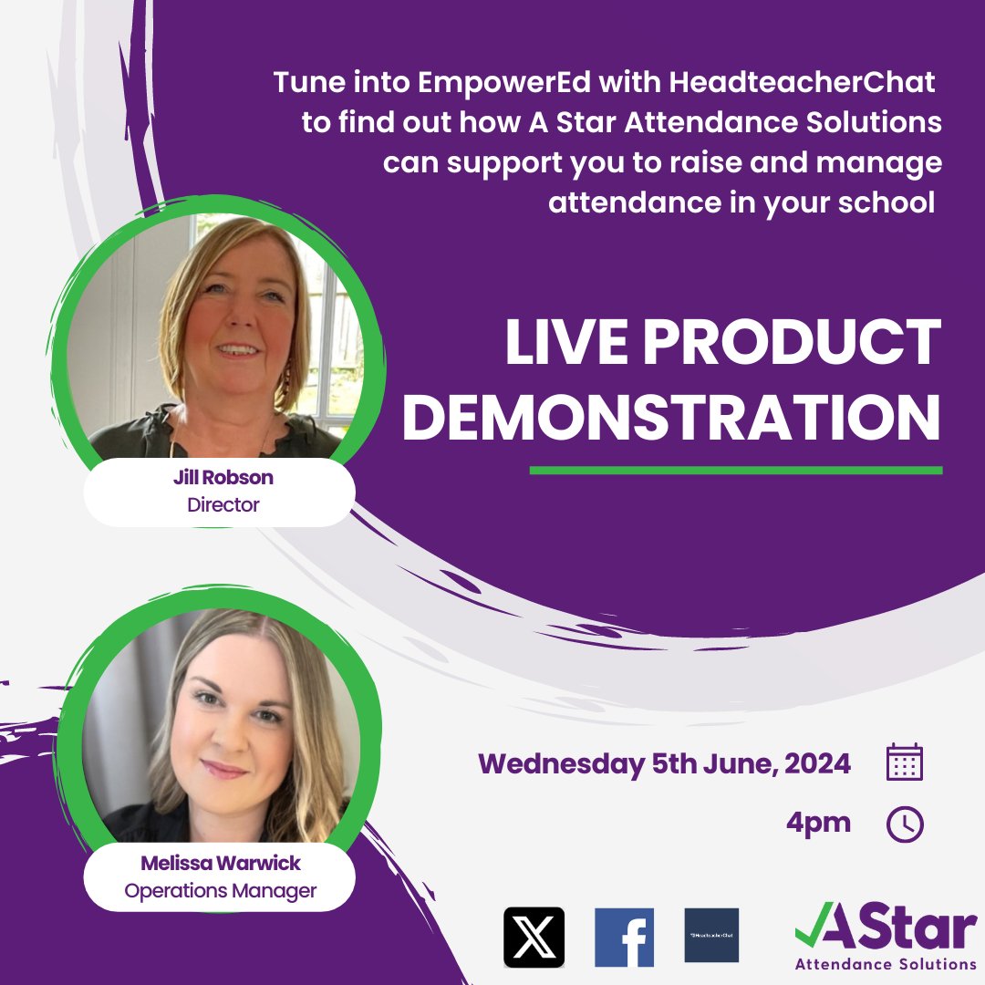 A Star Attendance Solutions (@astarattendance) on Twitter photo We are doing a LIVE demonstration of The A Star Attendance System with <a href="/Headteacherchat/">HeadteacherChat</a> on Wednesday 5th June at 4pm!
Find out how A Star Attendance Solutions can support you to raise and manage your school attendance.
#livedemo #livewebinar #schooltech #edtech We are doing a LIVE demonstration of The A Star Attendance System with <a href="/Headteacherchat/">HeadteacherChat</a> on Wednesday 5th June at 4pm!
Find out how A Star Attendance Solutions can support you to raise and manage your school attendance.
#livedemo #livewebinar #schooltech #edtech