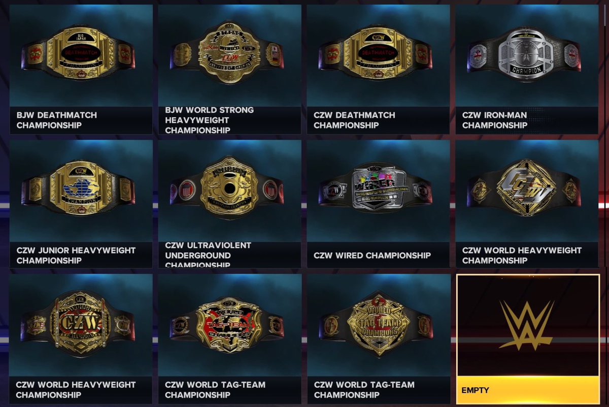 mtbd215's tweet image. 4 New Championship Belts Uploaded. The New CZW World Heavyweight Championship, The New CZW Tag-Team Championship. BJW World Strong Heavyweight Championship, &amp;amp; BJW Deathmatch Championship. There is a total of 11 now @mtbd215 @WWEgames #2K23 catch them all while they’re there!