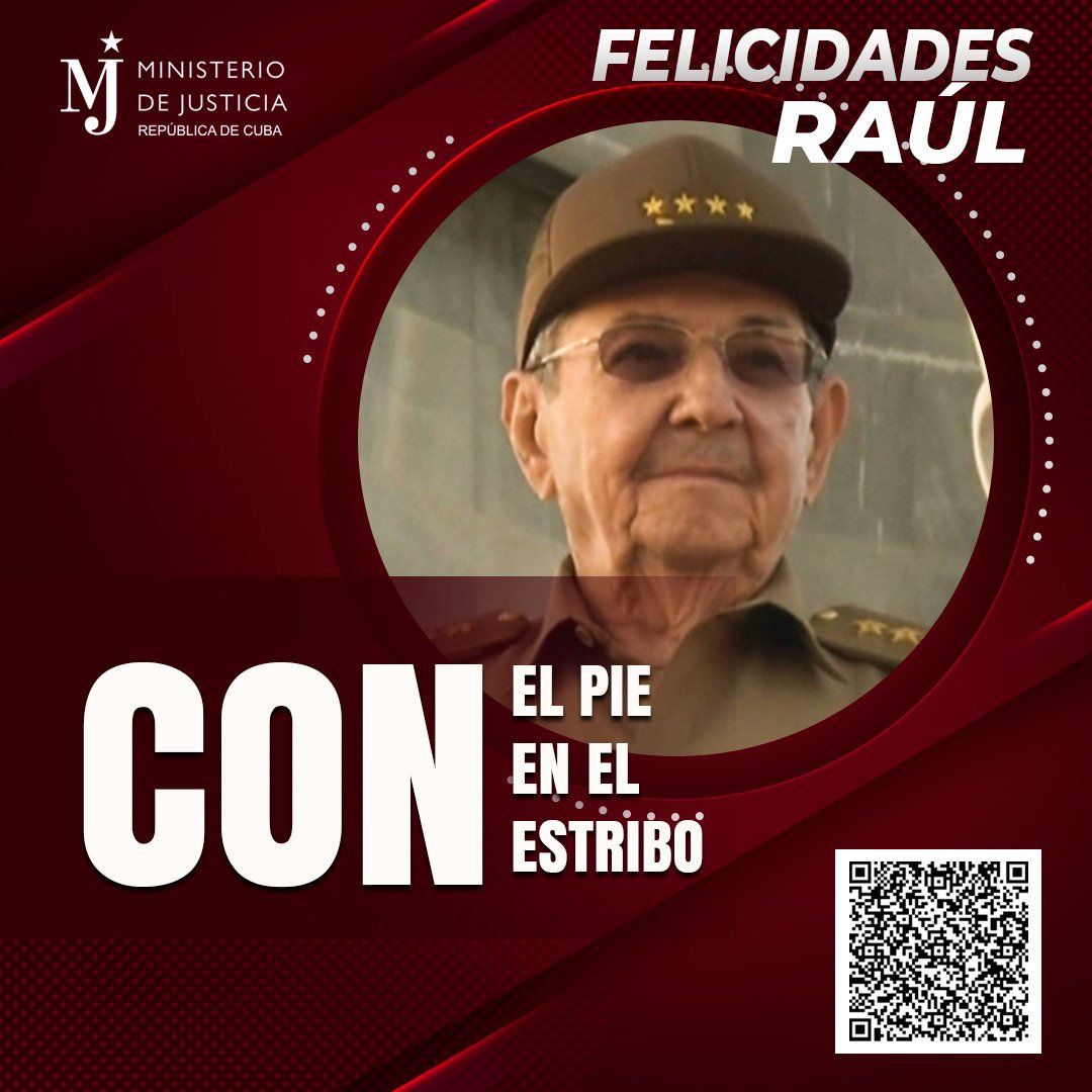 Minjus_Cuba's tweet photo. #Cuba 🇨🇺
Desde el sistema del @Minjus_Cuba le deseamos
Muchas felicidades a nuestro líder de la #RevoluciónCubana  compañero Raúl ‼️
Tenemos el compromiso irrenunciable de seguir su ejemplo querido General de Ejército🌹

#RaúlEsRaúl 🇨🇺 https://t.co/xfurpK4SJD