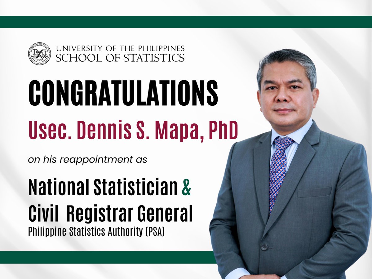 UPDStat's tweet photo. [ANNOUNCEMENT]
Congratulations, Prof. Claire Dennis S. Mapa, PhD on your reappointment as National Statistician and Civil Registrar General of the Philippine Statistics Authority!
Your UPSS family is proud of you! https://t.co/Q13mAKjDce