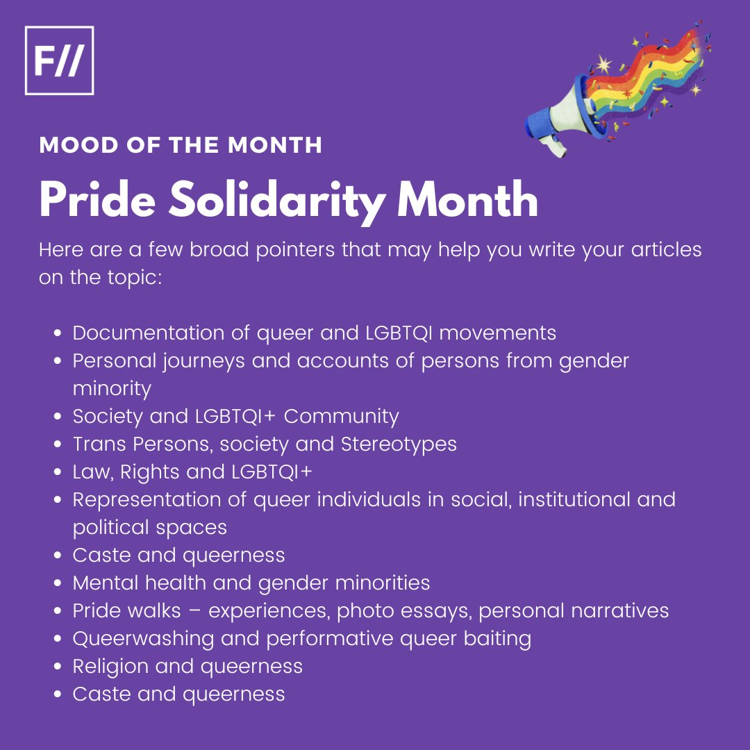 FeminismInIndia's tweet photo. #MoodOfTheMonth for June is OUT! 

To foster a free and fair debate on gender diversity that tackles heteronormative hegemonic narratives, FII seeks submissions on Pride Solidarity Month in June 2024. We seek to contribute to the conversation by fostering a nonpartisan, plural discourse regarding the LGBTQI+ community. 

Know more about June's #MoodOfTheMonth and submission guidelines: https://t.co/RfFRm17Myy