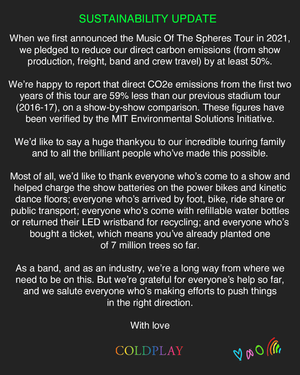 coldplay's tweet photo. An update on our tour’s sustainability initiatives 💚

https://t.co/h5kB6ENdI1

#MusicOfTheSpheresWorldTour https://t.co/puCcIl4iAQ