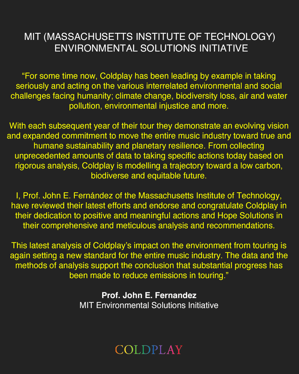 coldplay's tweet photo. An update on our tour’s sustainability initiatives 💚

https://t.co/h5kB6ENdI1

#MusicOfTheSpheresWorldTour https://t.co/puCcIl4iAQ