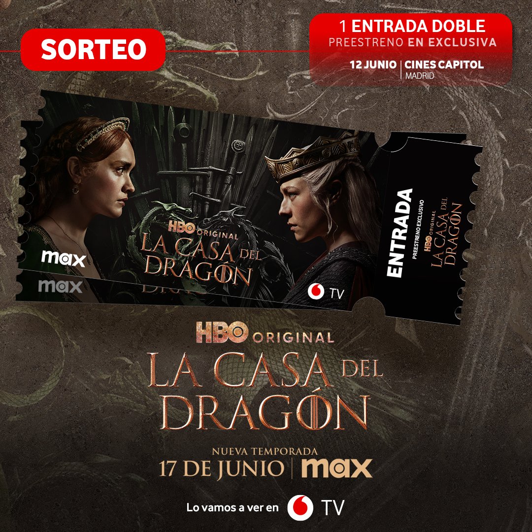 VodafoneTV_es's tweet image. 🔥SORTEO🔥

Tienes que elegir:
⬛️Ver el estreno de la T2 de #LaCasaDelDragón en el evento exclusivo el 12/6 
🟩Esperar al 17/6 y verlo en @StreamMaxES con Vodafone TV

Si eres de los de ⬛️
▪️ Haz RT y síguenos
▪️ Comenta con tu momento fav de la T1
BBLL: go.vodafone.es/premiere-hotd