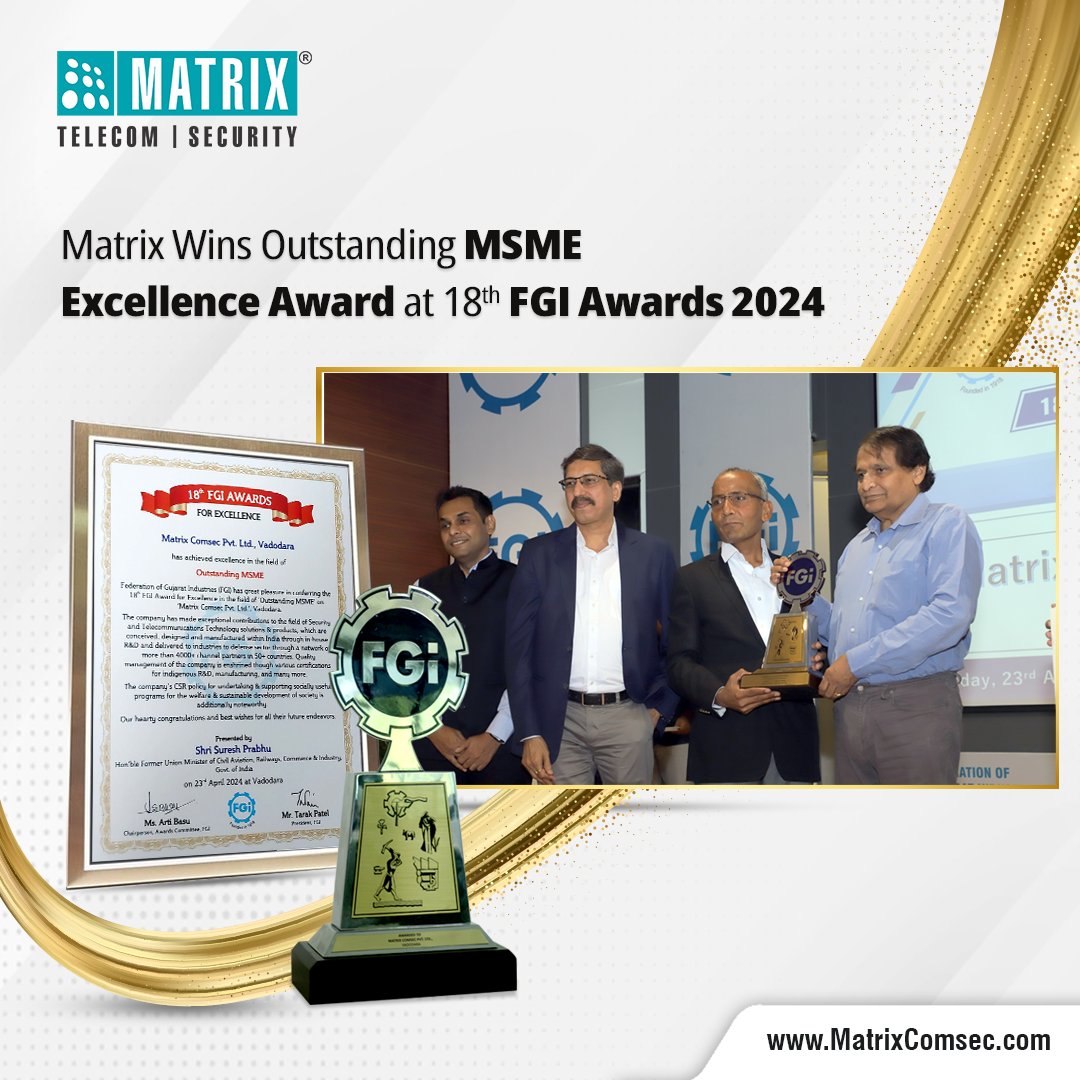 Matrix_SATATYA's tweet photo. Matrix Wins the Title of Outstanding MSME at the 18th FGI Awards, 2024!  

We are honoured to win this award. This award boosts our confidence and encourages us to work harder towards our mission of building world-class technology solutions. https://t.co/PKdjLOzYi7