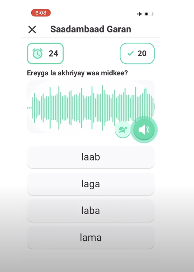 Kicking off the new week with some Somali comprehension in Daariz 🌟😁 

Did you know we have an audio-tuition feature to help you get perfect pronunciation and expand your vocabulary ? 

Download Daariz for free and improve your Somali:
Playstore: bit.ly/3a8WxtU
