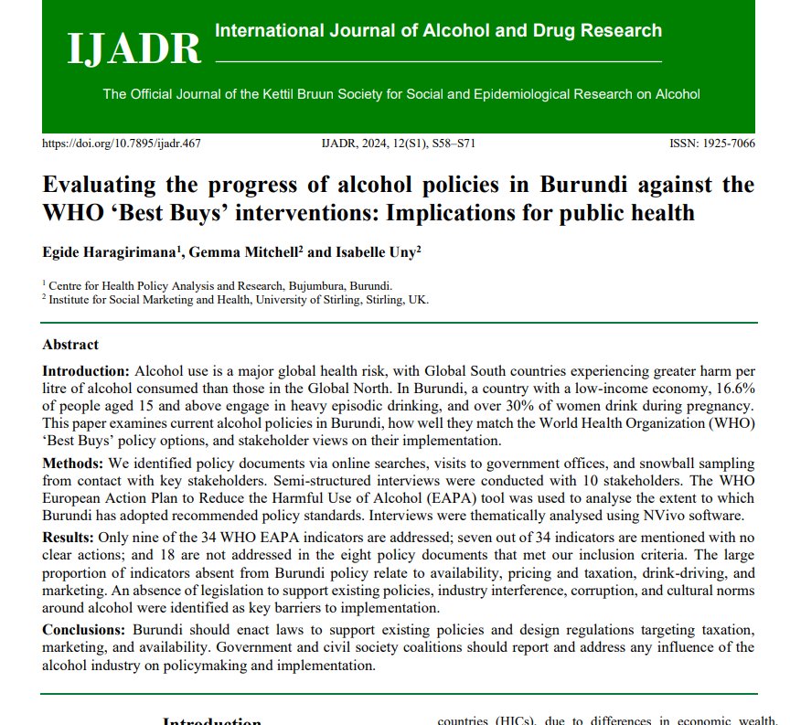 📢 New publication 🚨 New paper out led by @haregide28 and involving @GemmaMi38728064 and @IsaUNY from @ismh_uos They explored the progress of alcohol policies in Burundi and implications for health. Read open access (£0) in IJADR at the link below 👇 stir.ac.uk/9x5