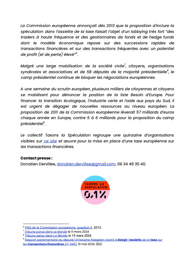 TaxonsLaSpec's tweet photo. COMMUNIQUÉ : La liste @BesoindEurope au chevet de la spéculation. Malgré une forte mobilisation de la société civile et de 58 députés de la majorité, @ValerieHayer continue de soutenir le refus du gouvernement de taxer la spéculation au niveau européen. #ElectionsEuropéennes2024 https://t.co/opBWWSlyKi